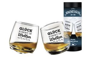 2er Set Wackelglas - Motiv Glück kommt in Wellen  ( in Zylinderbox )